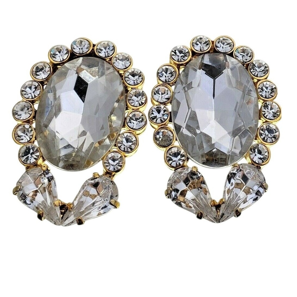 Large Clip On Earrings Toni Laura Gold Tone Rhinestone Italian Designer Vtg 80s